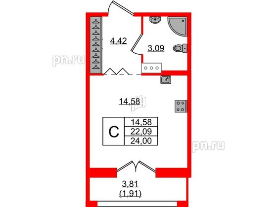 Квартира в ЖК Рождественский квартал, студия, 24 м², 3 этаж