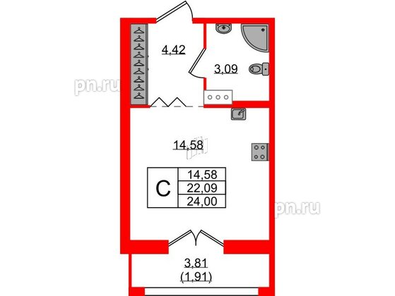 Квартира в ЖК Рождественский квартал, студия, 24 м², 3 этаж