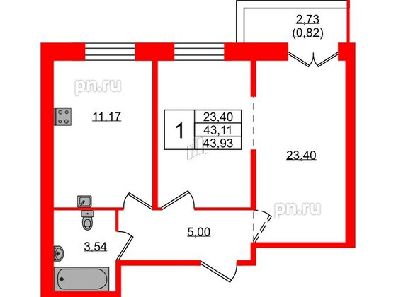 Квартира в ЖК Рождественский квартал, 1 комнатная, 43.93 м², 1 этаж