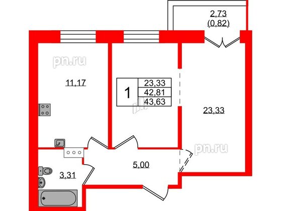 Квартира в ЖК Рождественский квартал, 1 комнатная, 43.63 м², 2 этаж