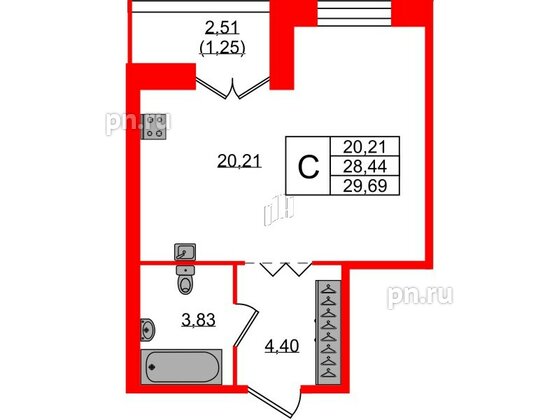 Квартира в ЖК Рождественский квартал, студия, 29.69 м², 1 этаж