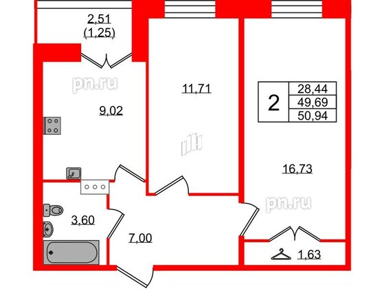 Квартира в ЖК Рождественский квартал, 2 комнатная, 50.94 м², 2 этаж