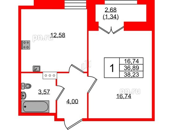 Квартира в ЖК «Рождественский квартал», 1 комнатная, 38.23 м², 2 этаж