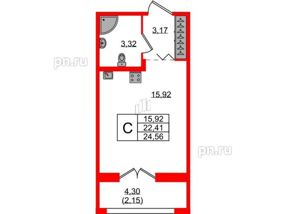 Квартира в ЖК Рождественский квартал, студия, 24.56 м², 1 этаж