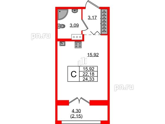 Квартира в ЖК Рождественский квартал, студия, 24.33 м², 3 этаж