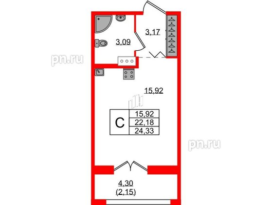 Квартира в ЖК Рождественский квартал, студия, 24.33 м², 2 этаж