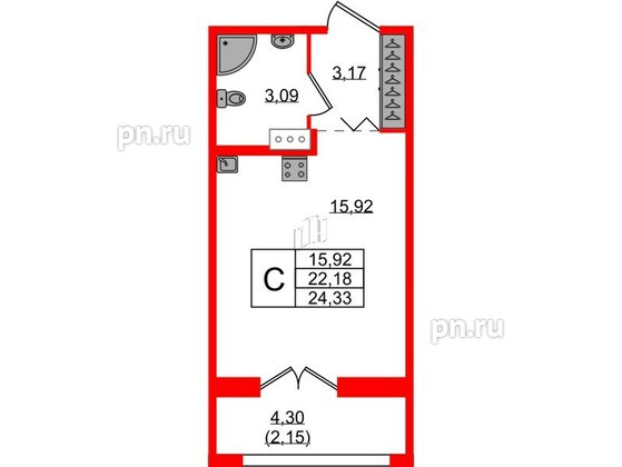 Квартира в ЖК Рождественский квартал, студия, 24.33 м², 3 этаж