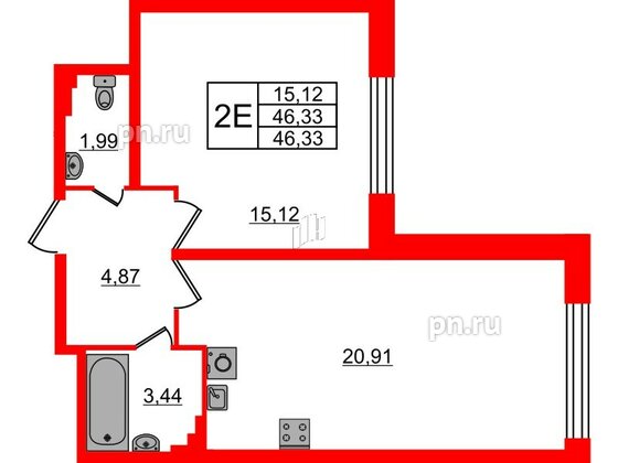 Квартира в ЖК БелАРТ, 1 комнатная, 46.33 м², 3 этаж