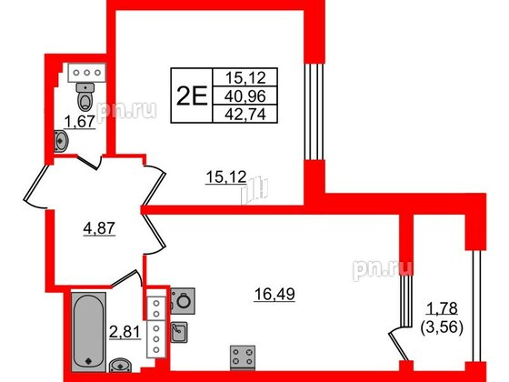 Квартира в ЖК БелАРТ, 1 комнатная, 42.74 м², 13 этаж