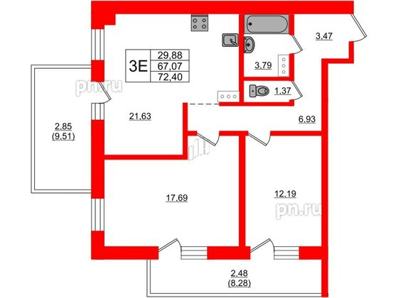 Квартира в ЖК Лофт у Озера, 2 комнатная, 74 м², 2 этаж