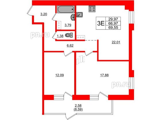 Квартира в ЖК Лофт у Озера, 2 комнатная, 71 м², 1 этаж