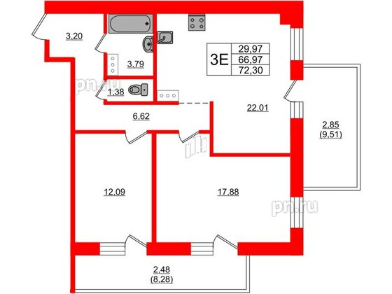 Квартира в ЖК Лофт у Озера, 2 комнатная, 74.1 м², 4 этаж