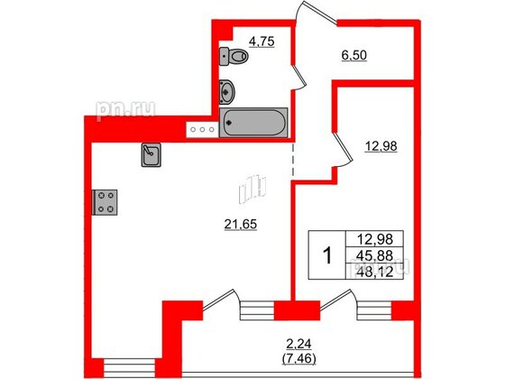 Квартира в ЖК Лофт у Озера, 1 комнатная, 48.1 м², 4 этаж