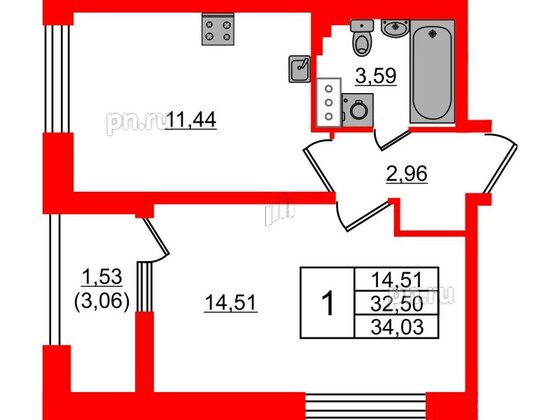 Квартира в ЖК БелАРТ, 1 комнатная, 34.03 м², 3 этаж