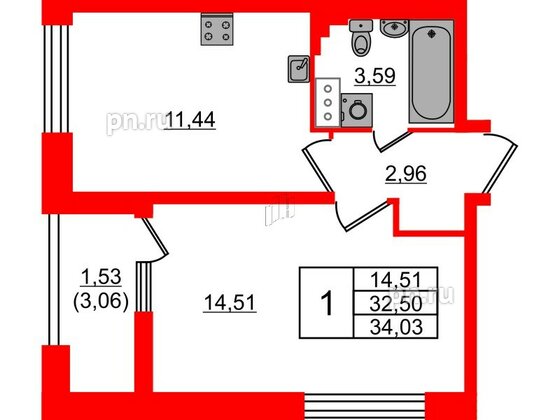 Квартира в ЖК БелАРТ, 1 комнатная, 34.03 м², 4 этаж