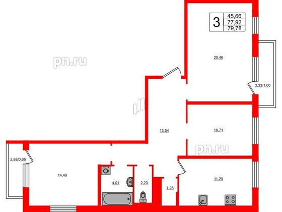 Квартира в ЖК Новокасимово, 3 комнатная, 78.8 м², 1 этаж