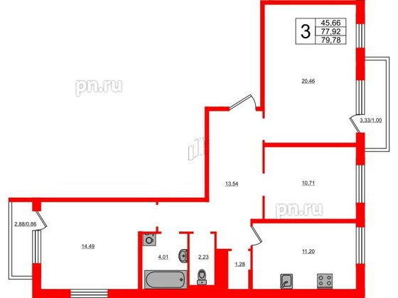 Квартира в ЖК Новокасимово, 3 комнатная, 78.5 м², 2 этаж