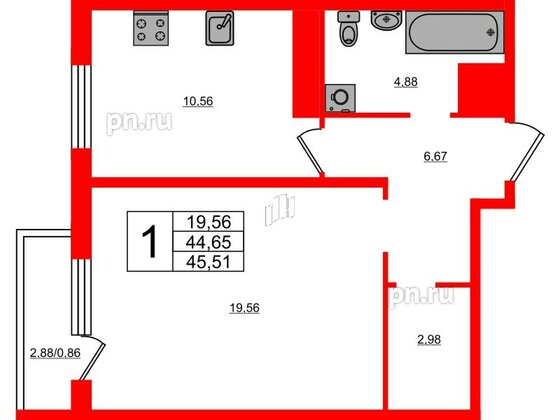 Квартира в ЖК Новокасимово, 1 комнатная, 45.5 м², 1 этаж