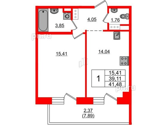 Квартира в ЖК Лофт у Озера, 1 комнатная, 43.6 м², 3 этаж