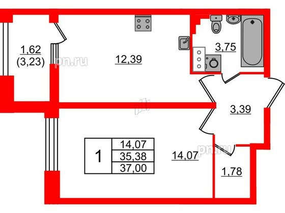 Квартира в ЖК БелАРТ, 1 комнатная, 37 м², 3 этаж