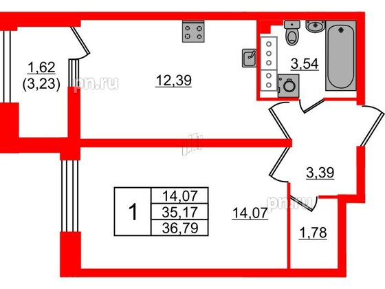 Квартира в ЖК БелАРТ, 1 комнатная, 36.79 м², 12 этаж