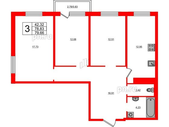 Квартира в ЖК Новокасимово, 3 комнатная, 79.7 м², 2 этаж