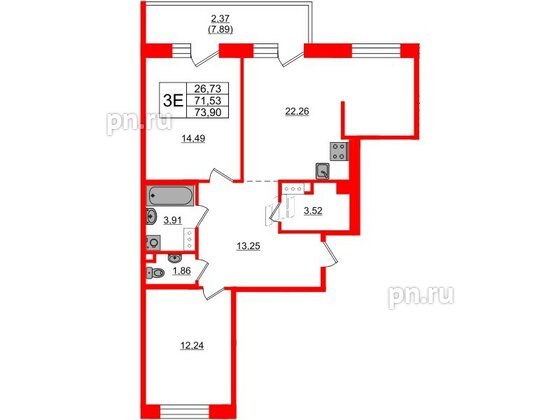 Квартира в ЖК Лофт у Озера, 2 комнатная, 75.7 м², 3 этаж