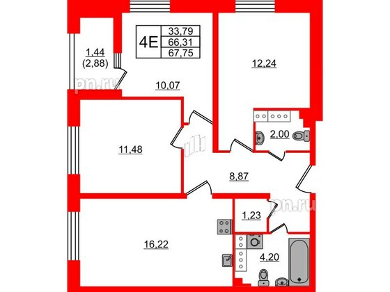 Квартира в ЖК БелАРТ, 3 комнатная, 67.75 м², 12 этаж