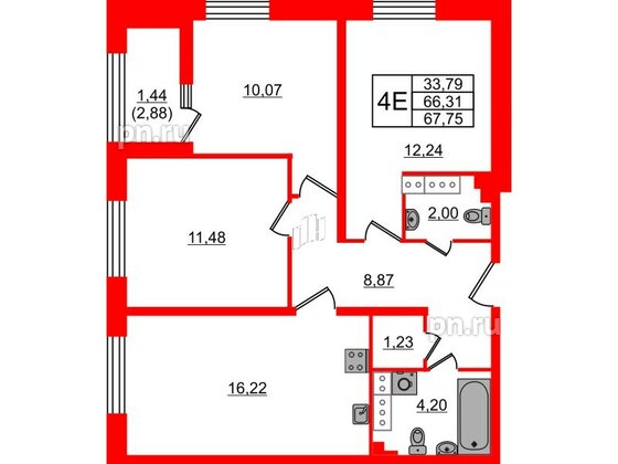 Квартира в ЖК БелАРТ, 3 комнатная, 67.75 м², 16 этаж