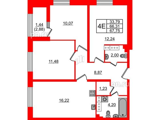 Квартира в ЖК БелАРТ, 3 комнатная, 67.75 м², 18 этаж