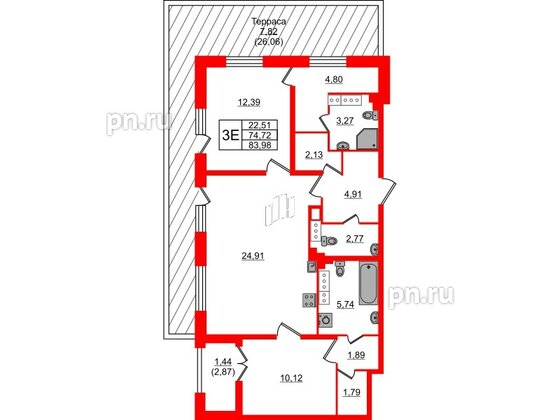 Квартира в ЖК БелАРТ, 2 комнатная, 83.98 м², 19 этаж