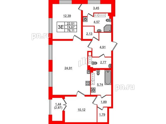 Квартира в ЖК БелАРТ, 2 комнатная, 76.11 м², 20 этаж