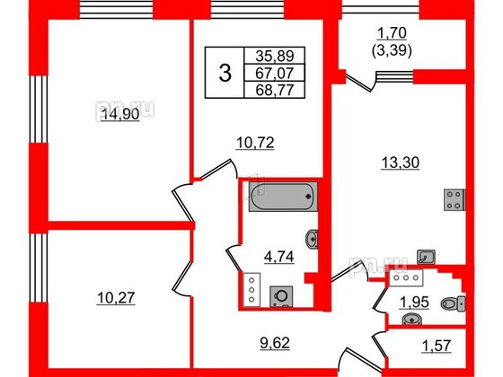 Квартира в ЖК БелАРТ, 3 комнатная, 68.77 м², 2 этаж