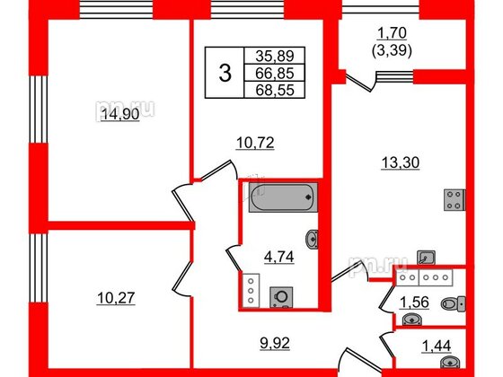 Квартира в ЖК БелАРТ, 3 комнатная, 68.55 м², 16 этаж