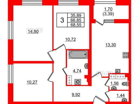 Квартира в ЖК БелАРТ, 3 комнатная, 68.55 м², 17 этаж