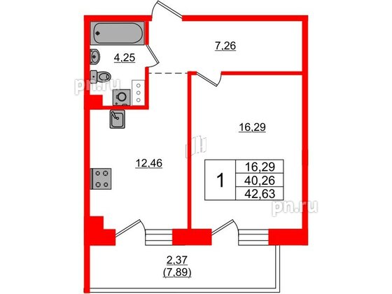 Квартира в ЖК Лофт у Озера, 1 комнатная, 44.5 м², 3 этаж