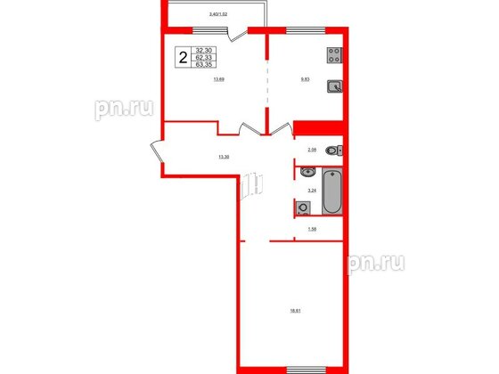 Квартира в ЖК Новокасимово, 2 комнатная, 62.9 м², 1 этаж