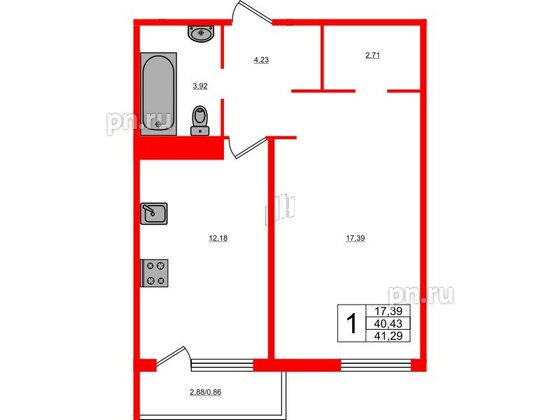 Квартира в ЖК Новокасимово, 1 комнатная, 40.8 м², 2 этаж