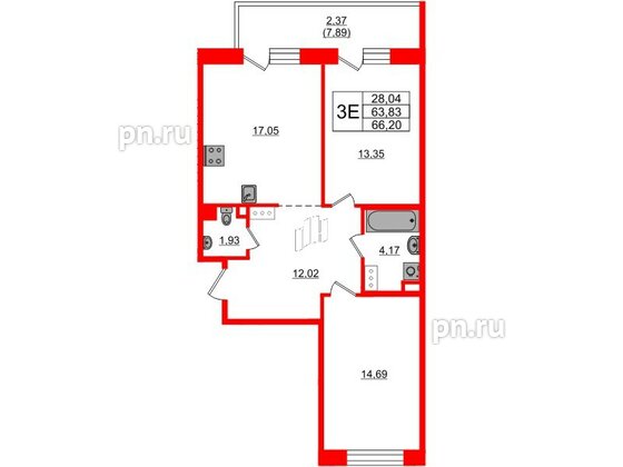 Квартира в ЖК Лофт у Озера, 2 комнатная, 67.7 м², 5 этаж