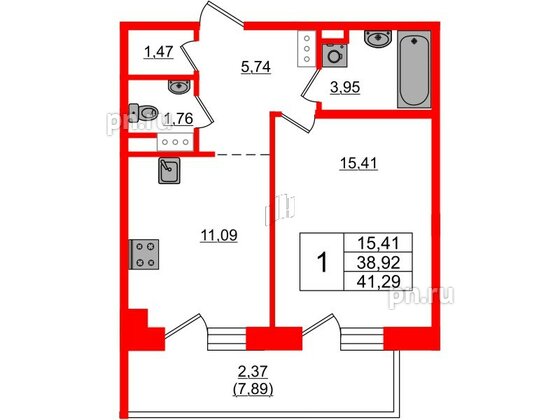 Квартира в ЖК Лофт у Озера, 1 комнатная, 43.6 м², 2 этаж