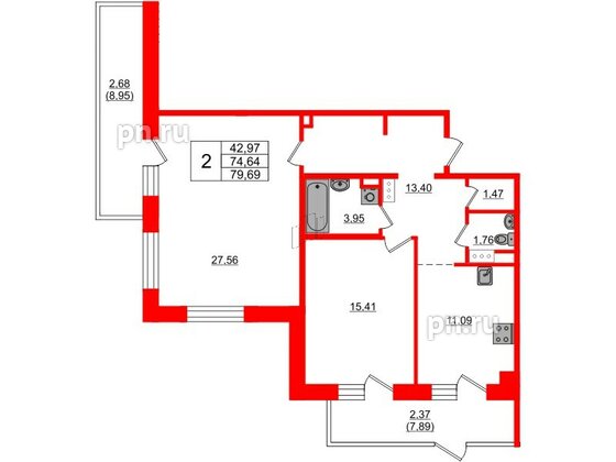 Квартира в ЖК Лофт у Озера, 2 комнатная, 81.4 м², 1 этаж