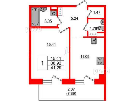 Квартира в ЖК Лофт у Озера, 1 комнатная, 43.5 м², 2 этаж