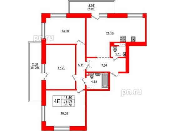 Квартира в ЖК Лофт у Озера, 3 комнатная, 96.7 м², 2 этаж