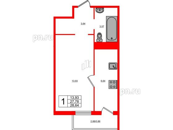 Квартира в ЖК Новокасимово, 1 комнатная, 28.64 м², 1 этаж