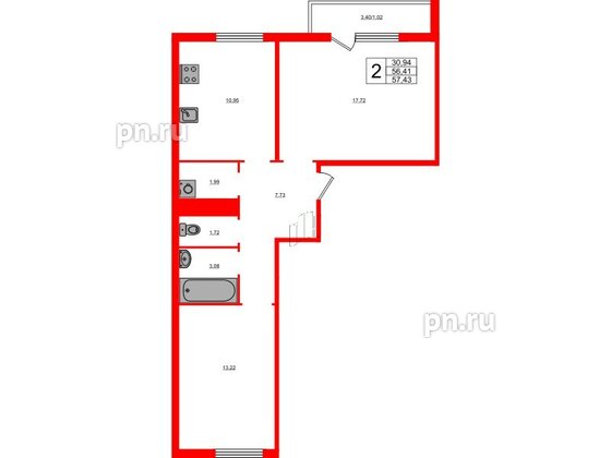 Квартира в ЖК Новокасимово, 2 комнатная, 56.8 м², 3 этаж