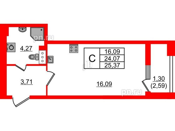 Квартира в ЖК БелАРТ, студия, 25.37 м², 8 этаж