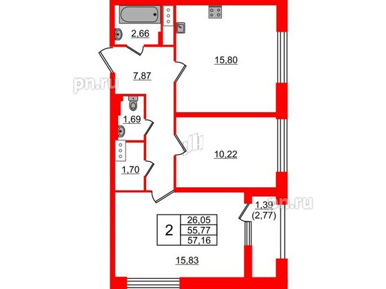 Квартира в ЖК БелАРТ, 2 комнатная, 57.16 м², 5 этаж