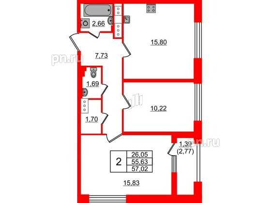 Квартира в ЖК БелАРТ, 2 комнатная, 57.02 м², 12 этаж