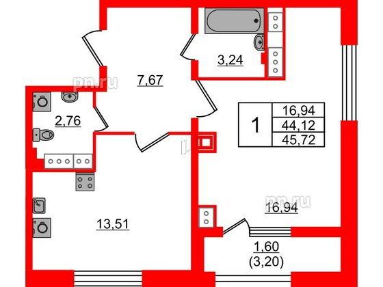 Квартира в ЖК БелАРТ, 1 комнатная, 45.72 м², 17 этаж