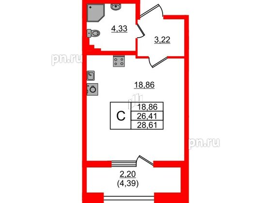 Квартира в ЖК БелАРТ, студия, 28.61 м², 3 этаж